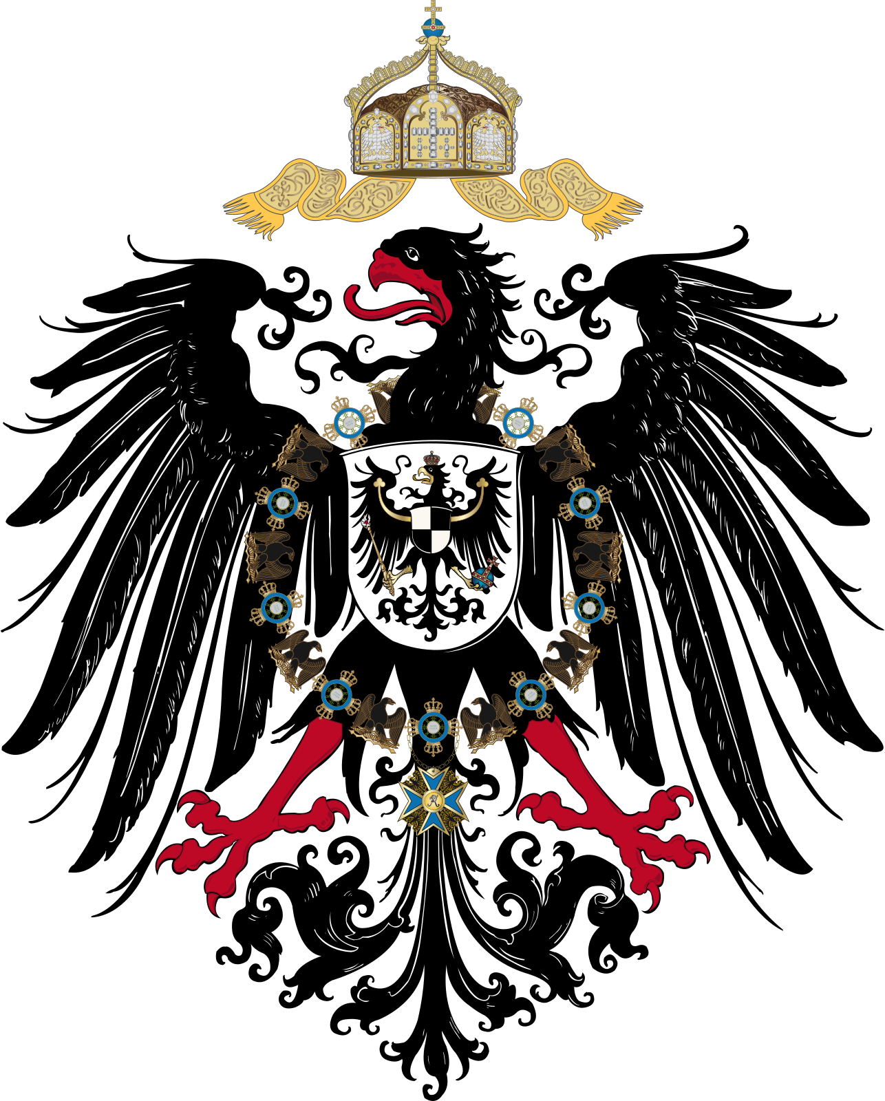 Wappen des Deutschen Reiches bis 1918. Das Preußische Wappen ist mit der Collane des Schwarzen Adlerordens umhangen